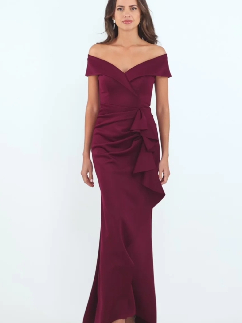 Xscape Burgundy Off-Shoulder Draped Evening Gown